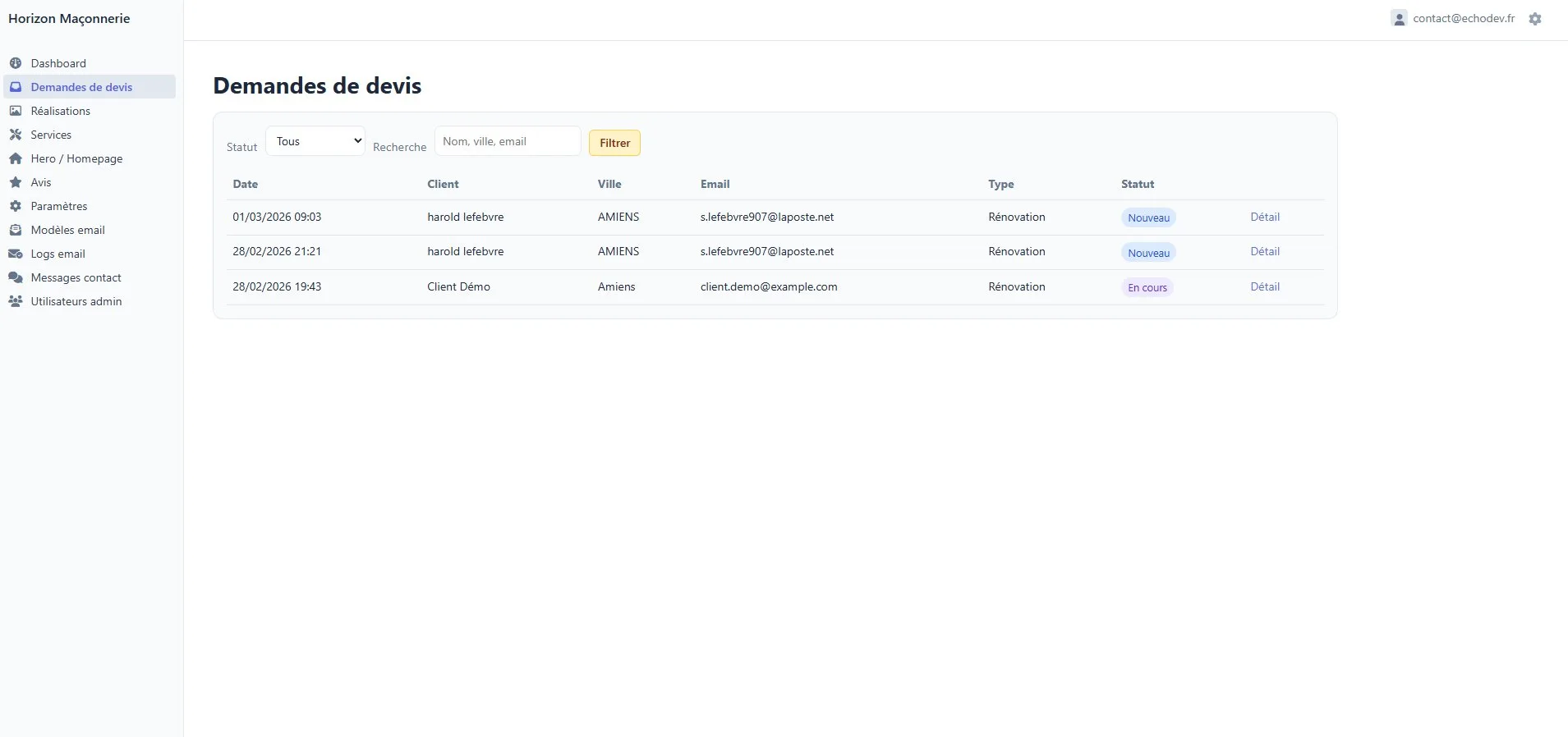 Admin gestion des devis