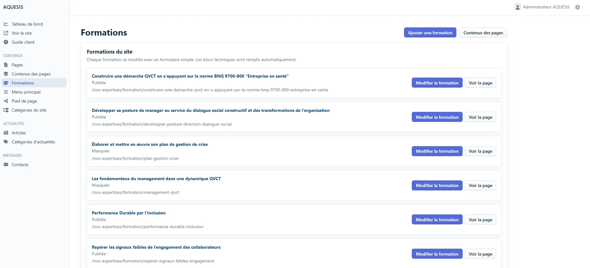 Administration personnalisé du site Aquesis