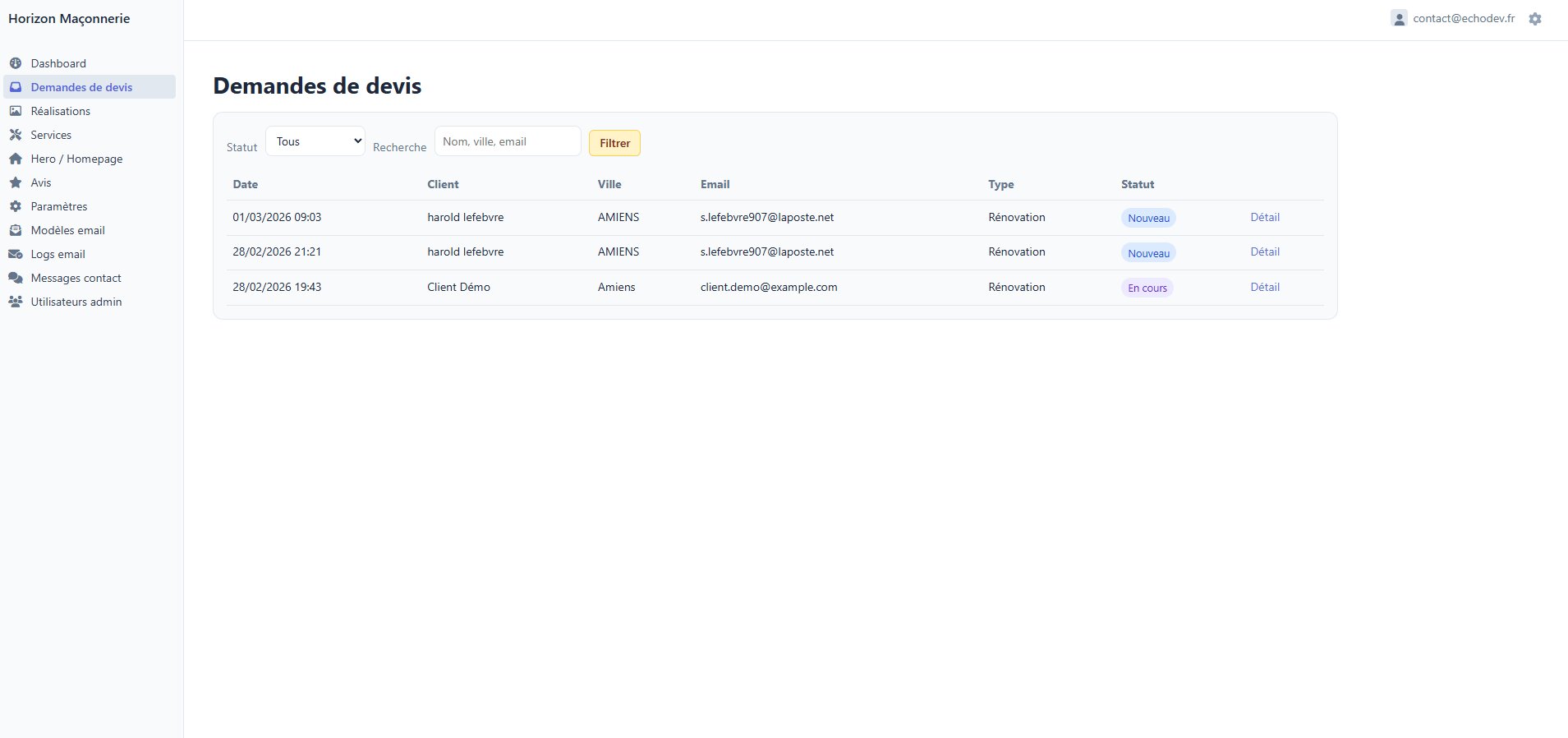Admin gestion des devis