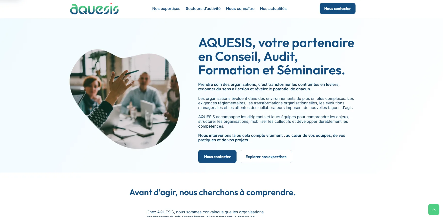 Page d'accueil du site AQUESIS, cabinet de conseil, audit, formation et séminaires