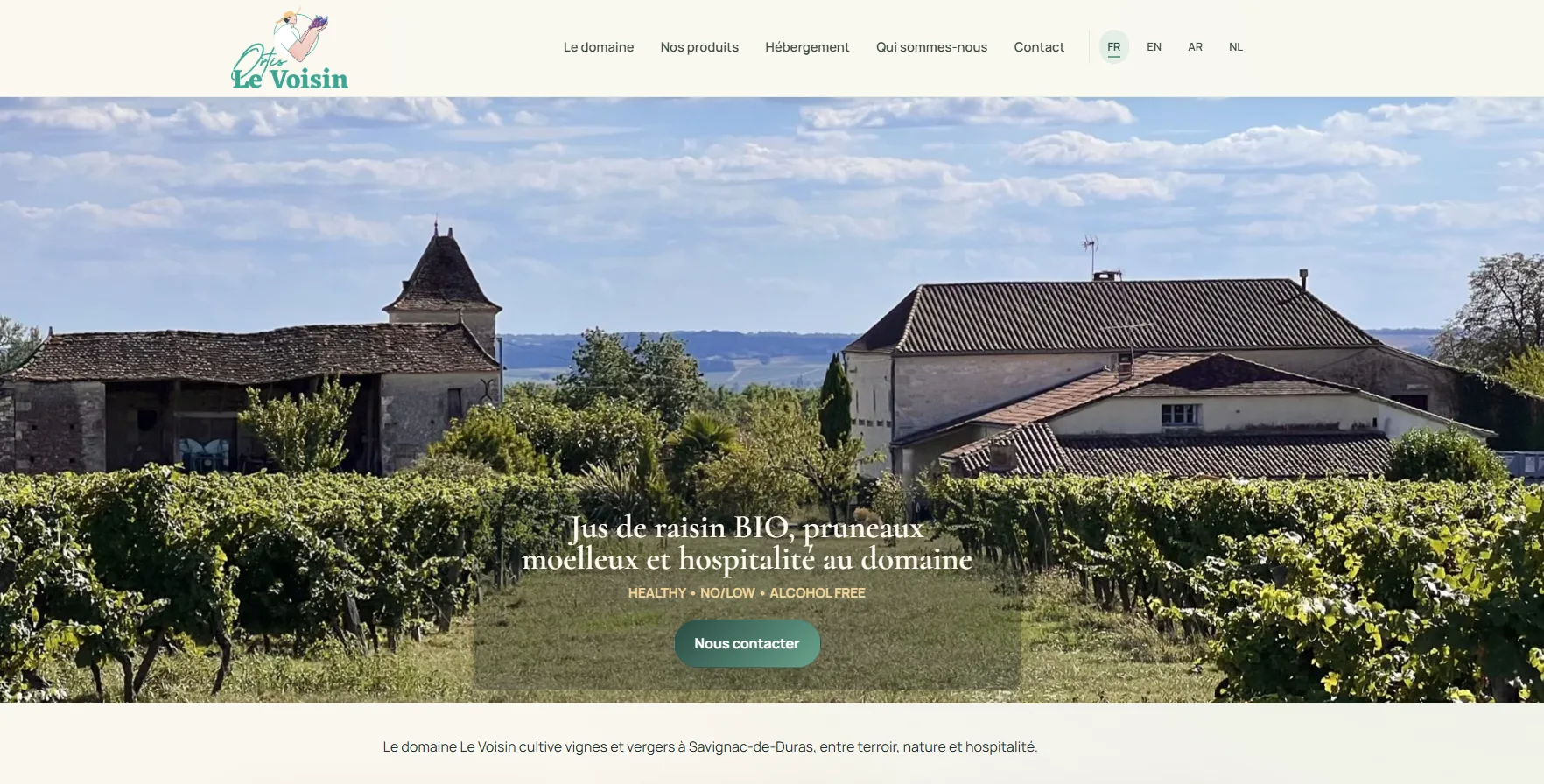 Page d’accueil du site Ortis Le Voisin, domaine viticole et arboricole à Savignac-de-Duras.