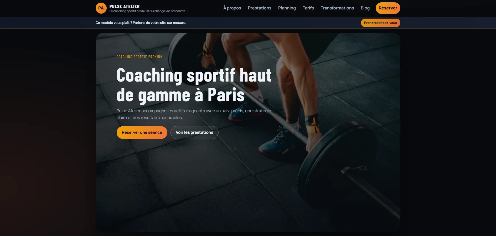 Page d’accueil d’un site de coach sportif avec présentation des services et réservation de séances.