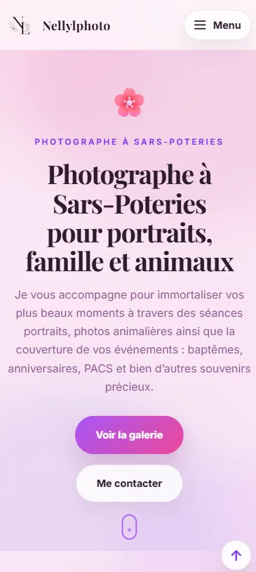 Version mobile de la page d’accueil du site Nellylphoto