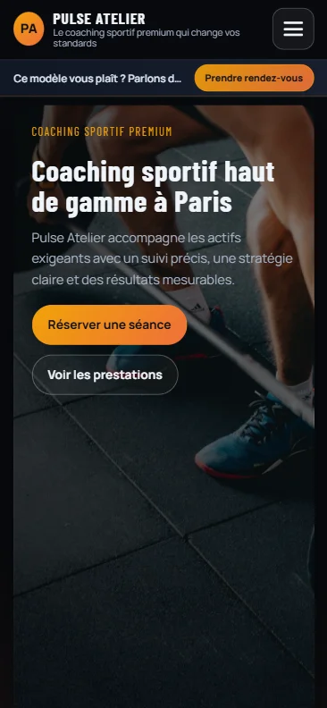 Version mobile optimisée du site permettant aux visiteurs de consulter les services et réserver une séance directement depuis leur téléphone.